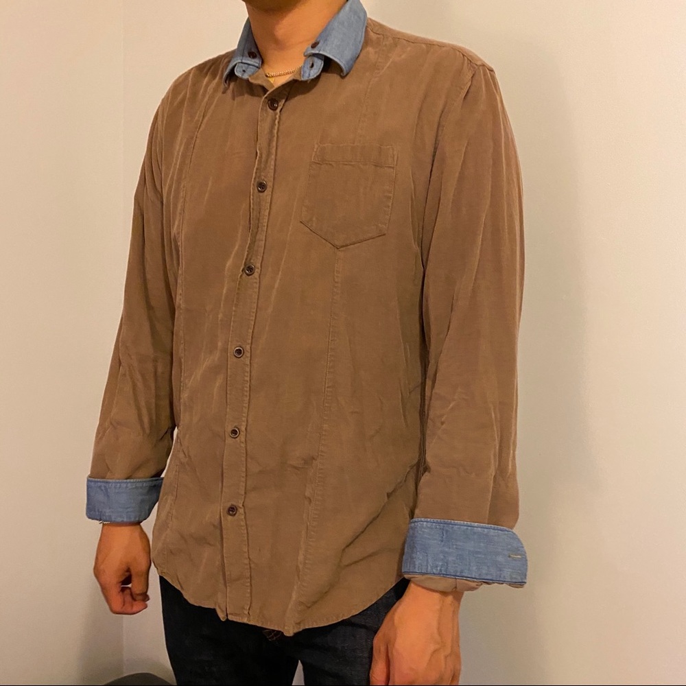 Tan corduroy button down shirt with denim detail